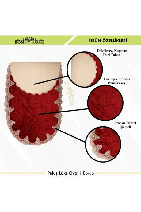 Plush Lux Oval Claret Red 3-Piece Dowry French Lace Guipure Closet Set Bath Mat Set - Swordslife