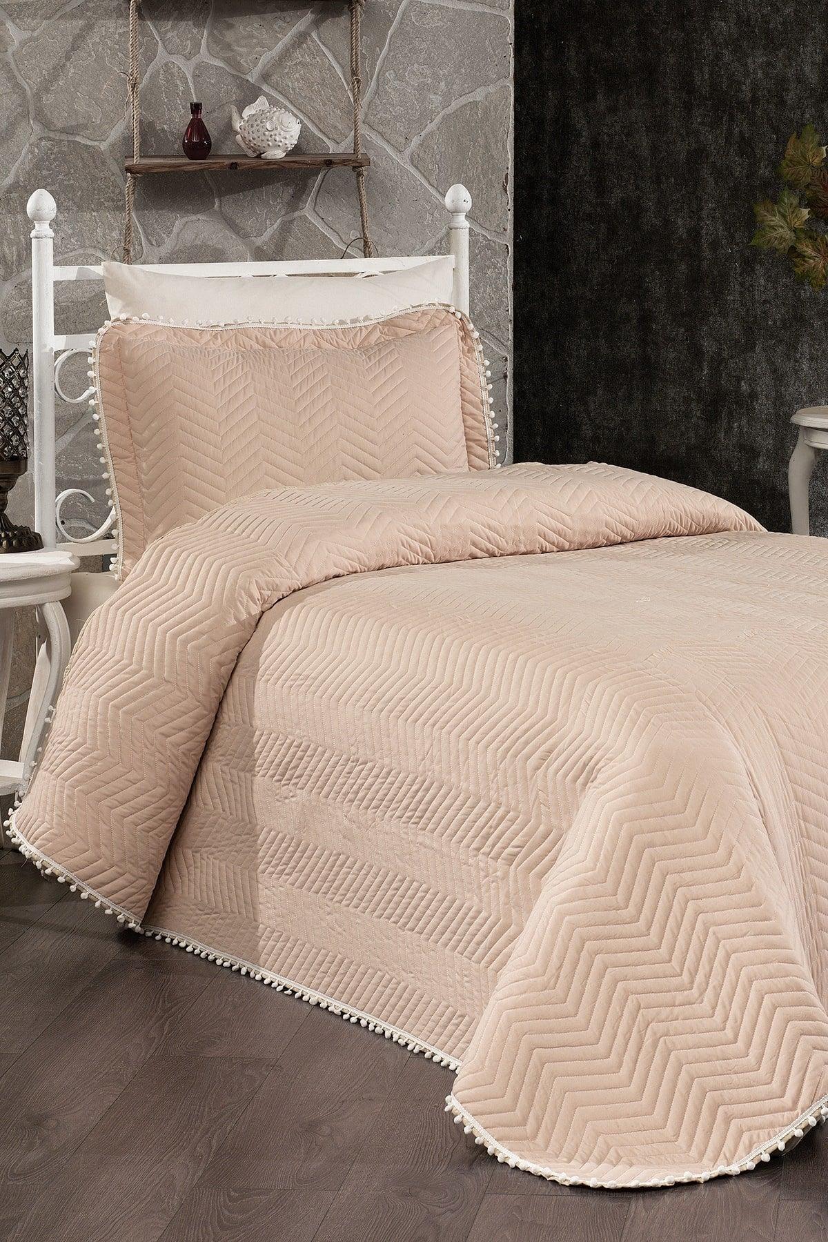 100% Cotton Single Bedspread ( Pique ) Set With Pompom Open Cappuccino - Swordslife