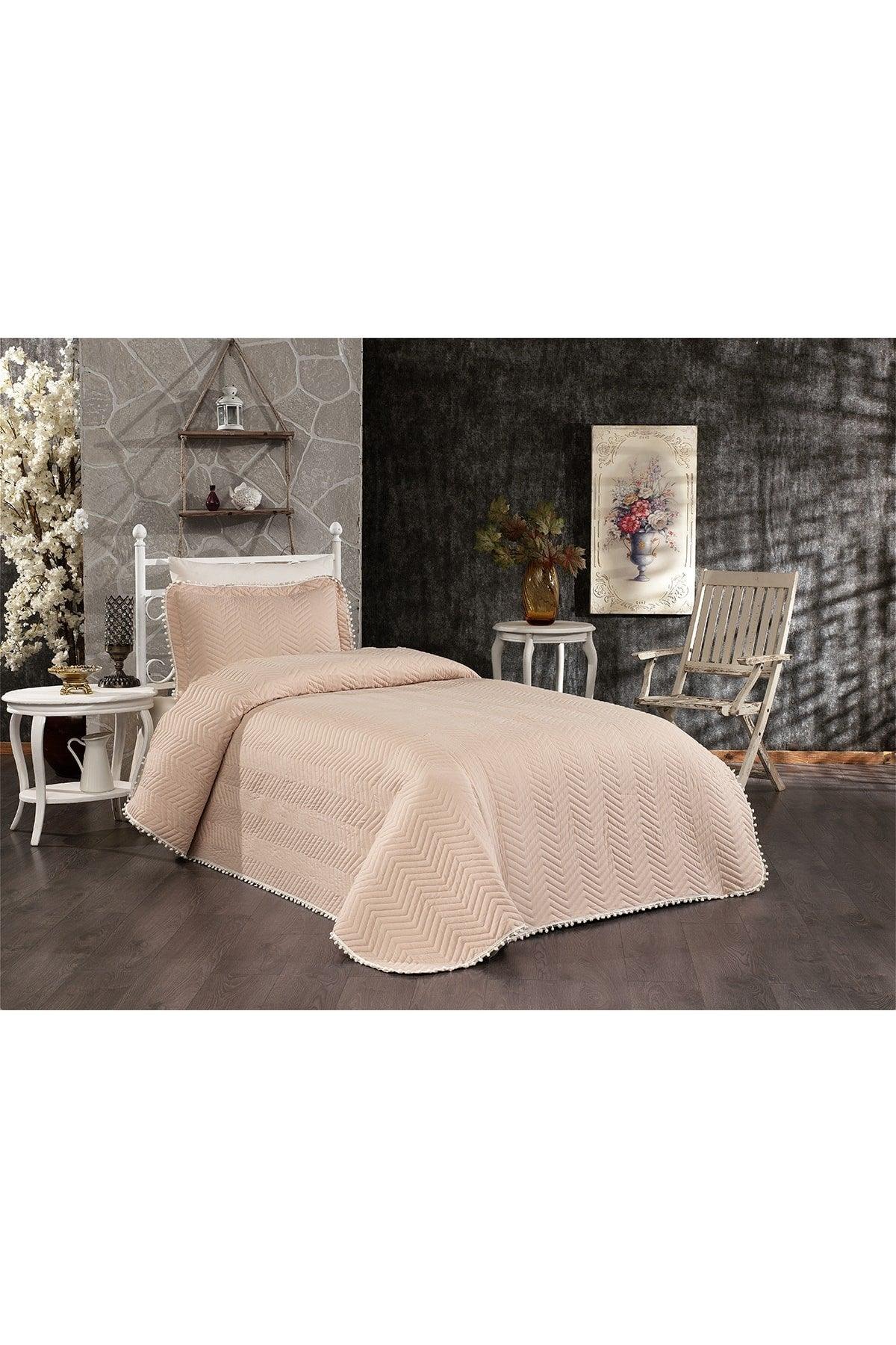 100% Cotton Single Bedspread ( Pique ) Set With Pompom Open Cappuccino - Swordslife