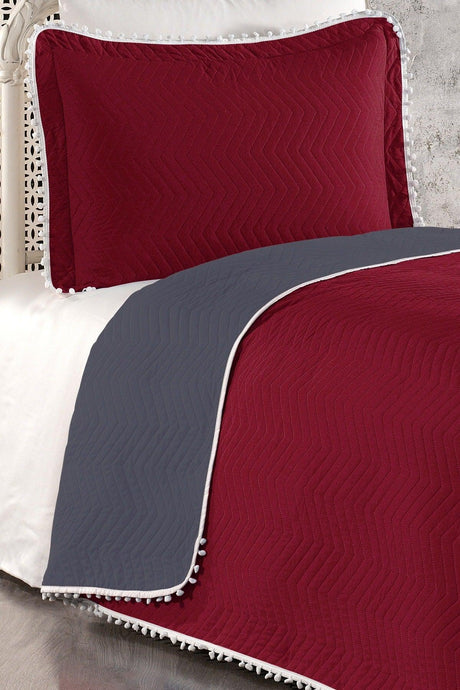 100% Cotton Single Bedspread ( Pique ) Set with Pompom Claret Red/gray - Swordslife