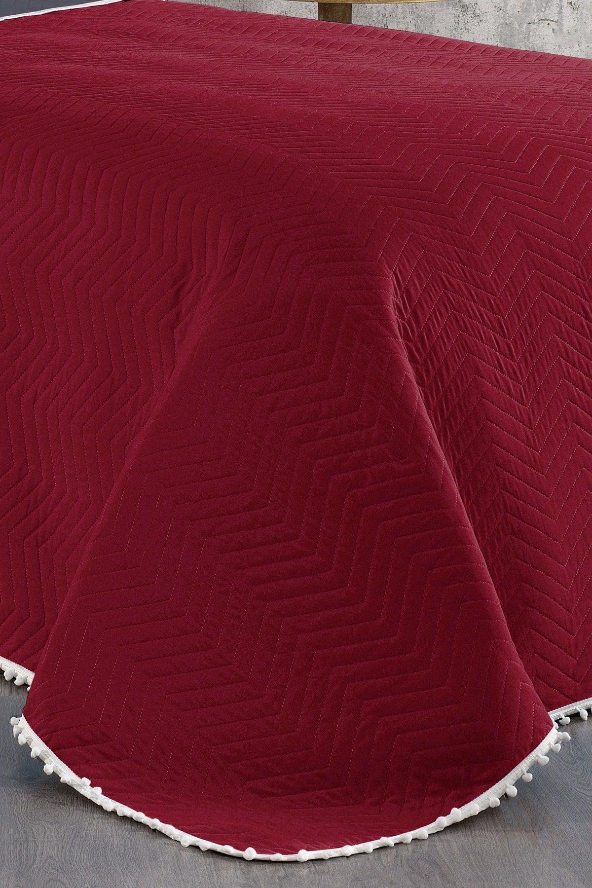 100% Cotton Single Bedspread ( Pique ) Set with Pompom Claret Red/gray - Swordslife