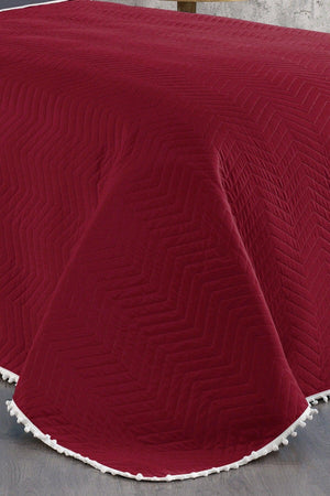 100% Cotton Single Bedspread ( Pique ) Set with Pompom Claret Red/gray - Swordslife