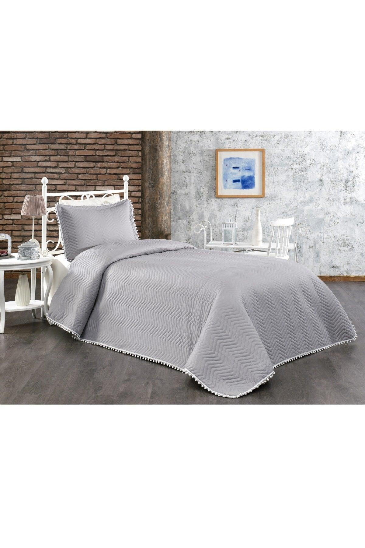 100% Cotton Single Bedspread ( Pique ) Set With Pompom Gray - Swordslife