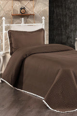 Pompom 100% Cotton Single Bedspread ( Pique ) Set Dark Brown - Swordslife