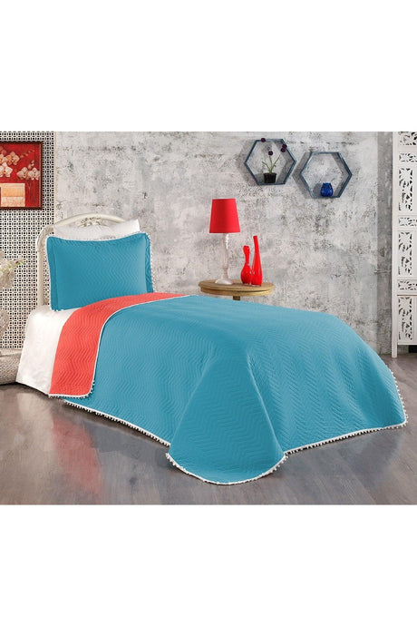 100% Cotton Single Bedspread with Pompom ( Pique ) Set Turquoise - Swordslife