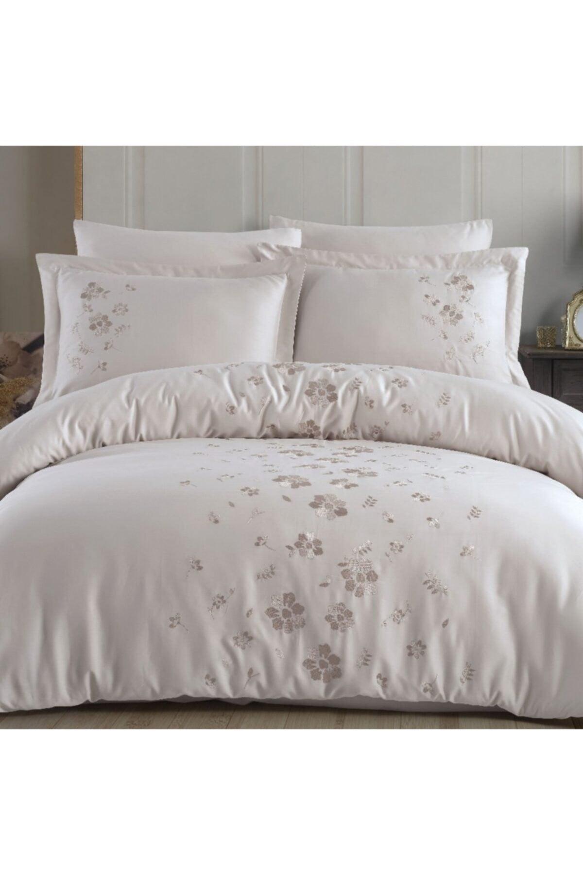 Premium Ella Beige - Poplin Double Embroidered Duvet Cover Set - Swordslife