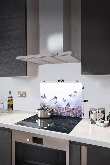 Purple Flowers And Butterflies | Glass Stove Back Protector | 40cm X 60cm - Swordslife