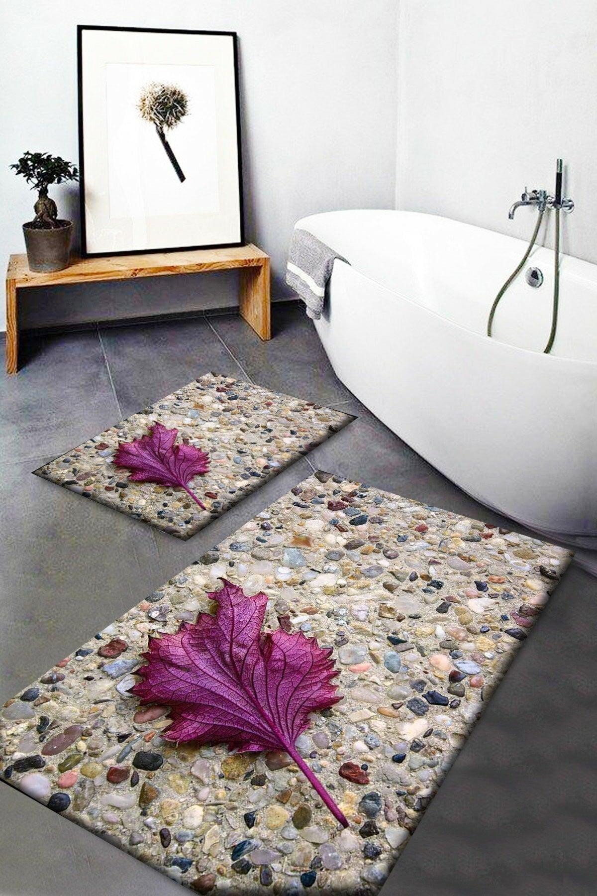 Purple Leaf Patterned Washable Non-Slip Base 2 Bath Mat Closet Set - Swordslife