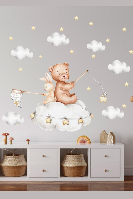 Rabbit And Teddy Bear Star Collecting Game Wall Sticker Set - Swordslife