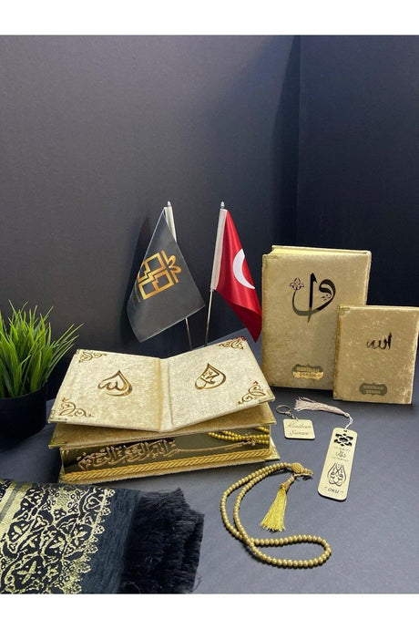 Fully Velvet Covered Quran Set with Rahle Gold - Swordslife