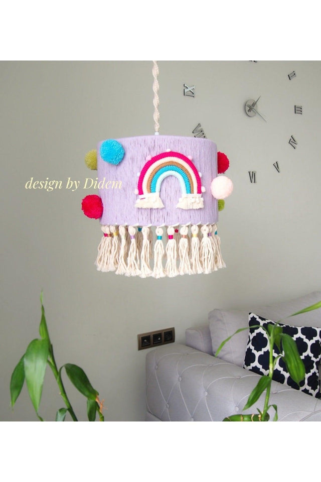 Rainbow Pompom Purple Baby And Kids Room Macrame Chandelier Lighting - Swordslife