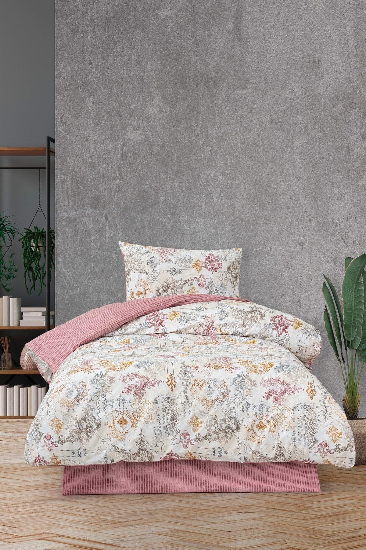 Ranforce Single Fitted Elastic Bed Linen Duvet Cover Set Antique Dried Rose - Swordslife