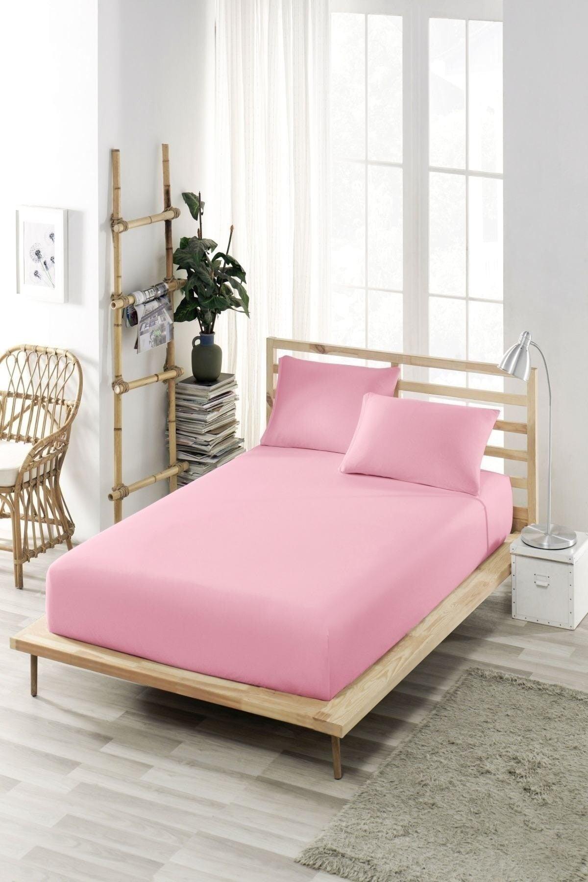 Ranforce Single Cotton Elastic Bed Sheet / Pillowcase 100% Cotton 100x200cm Pink - Swordslife