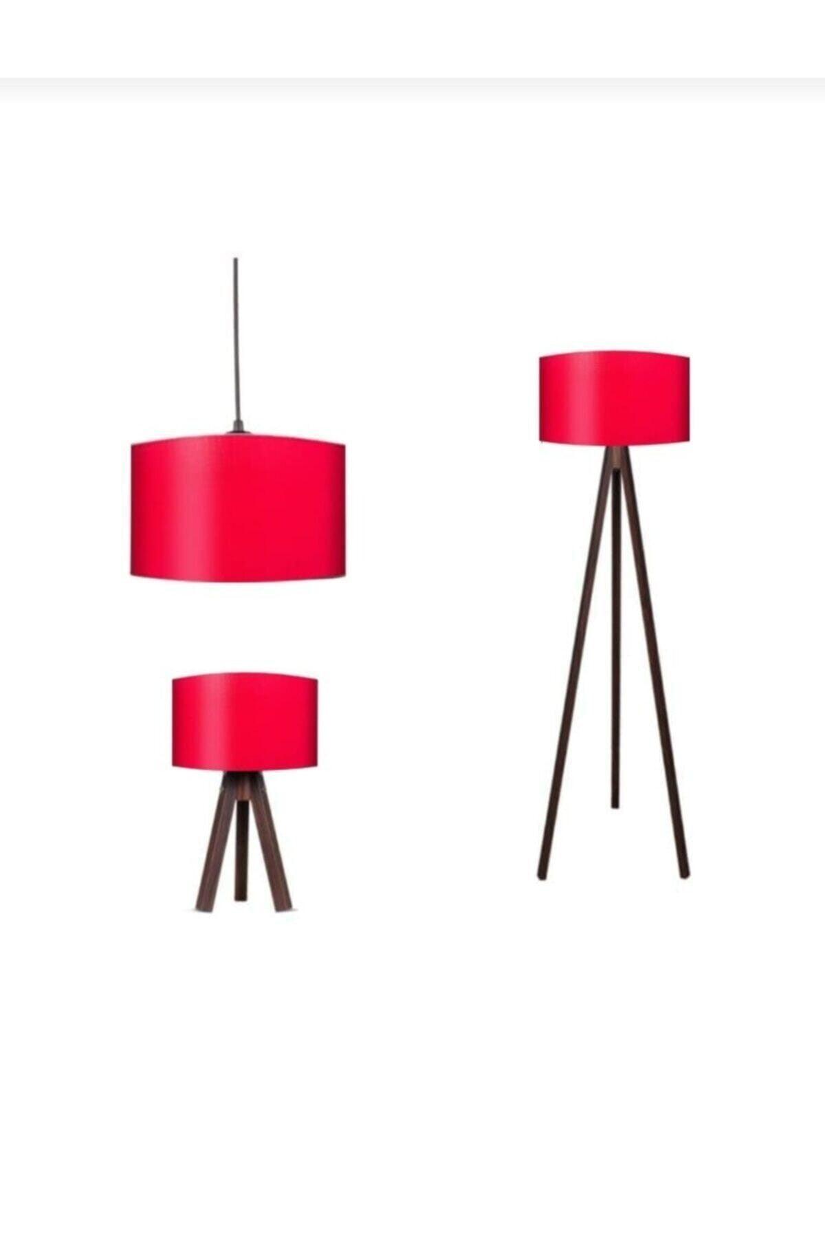 Red Cap Brown Leg Lampshade Pendant Lamp Chandelier And Floor Lamp Set - Swordslife