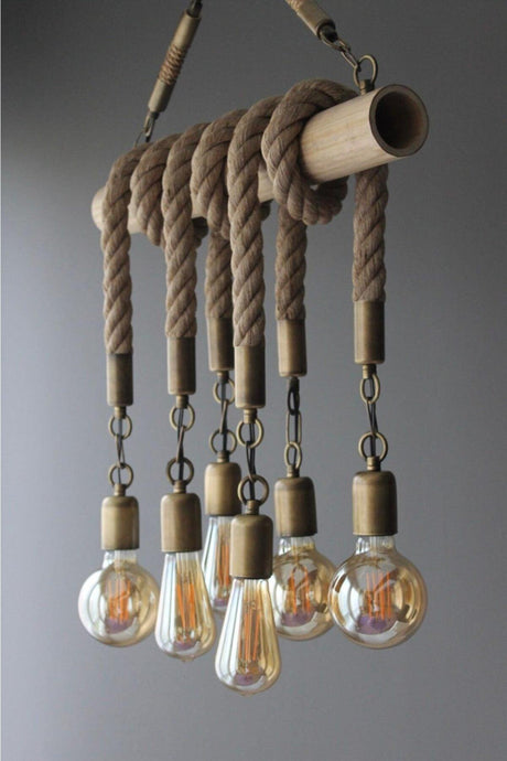 Retro Rope Rustic Tumbled Asian 6 Bamboo Pendant Lamp Chandelier - Swordslife