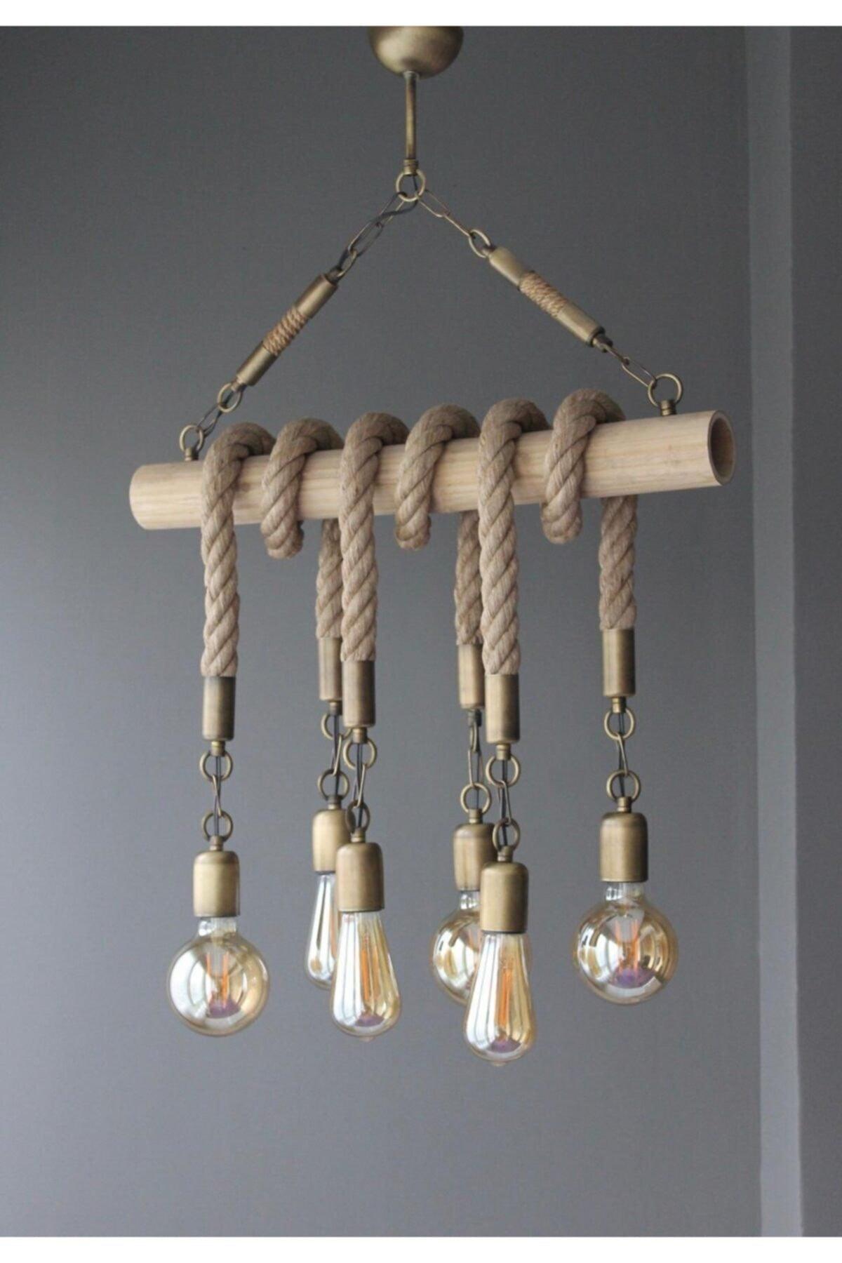 Retro Rope Rustic Tumbled Asian 6 Bamboo Pendant Lamp Chandelier - Swordslife