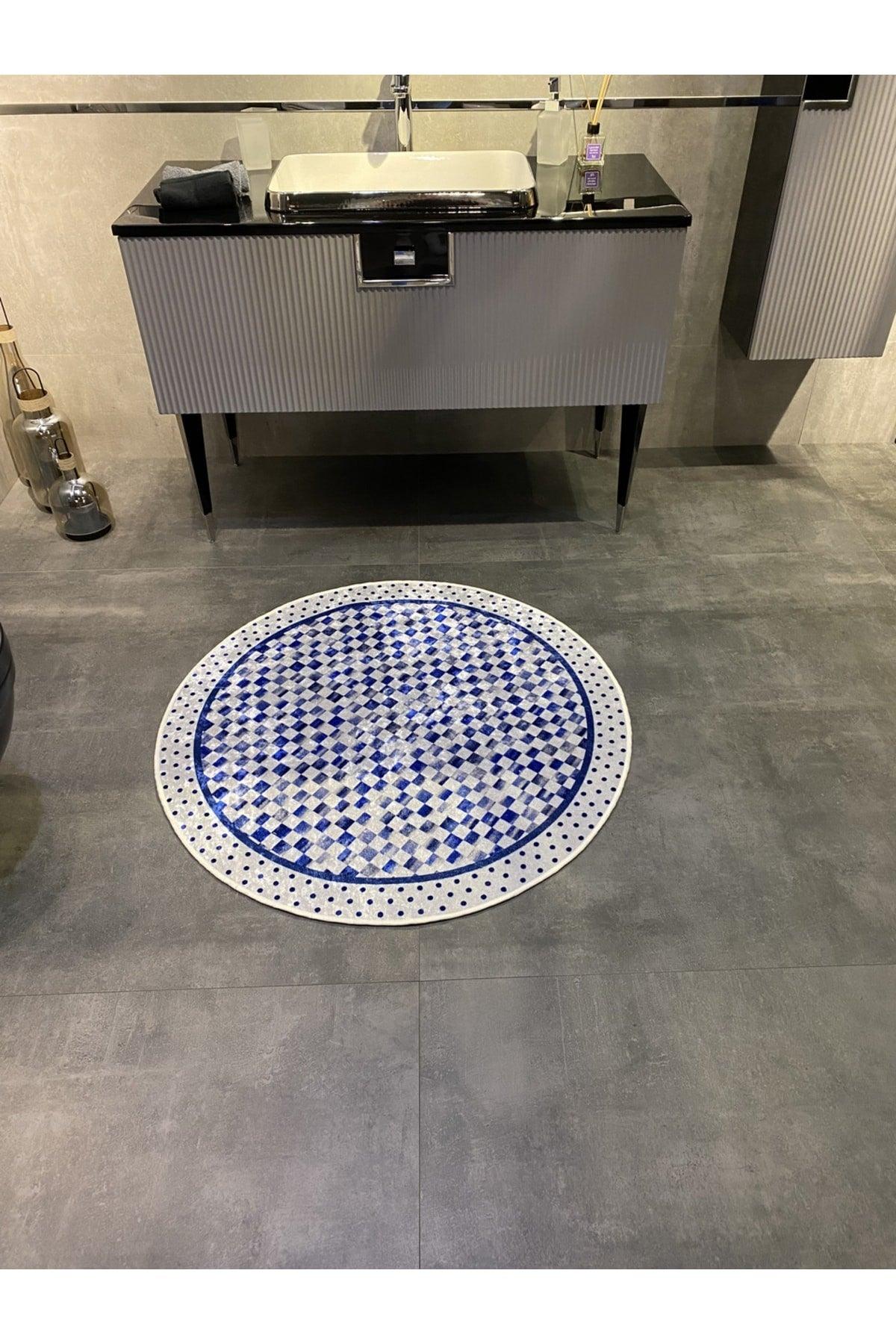 Robert Blue Checkerboard Pattern Non-Fringed Round Bath Mat - Blue Size 100x100 - Swordslife