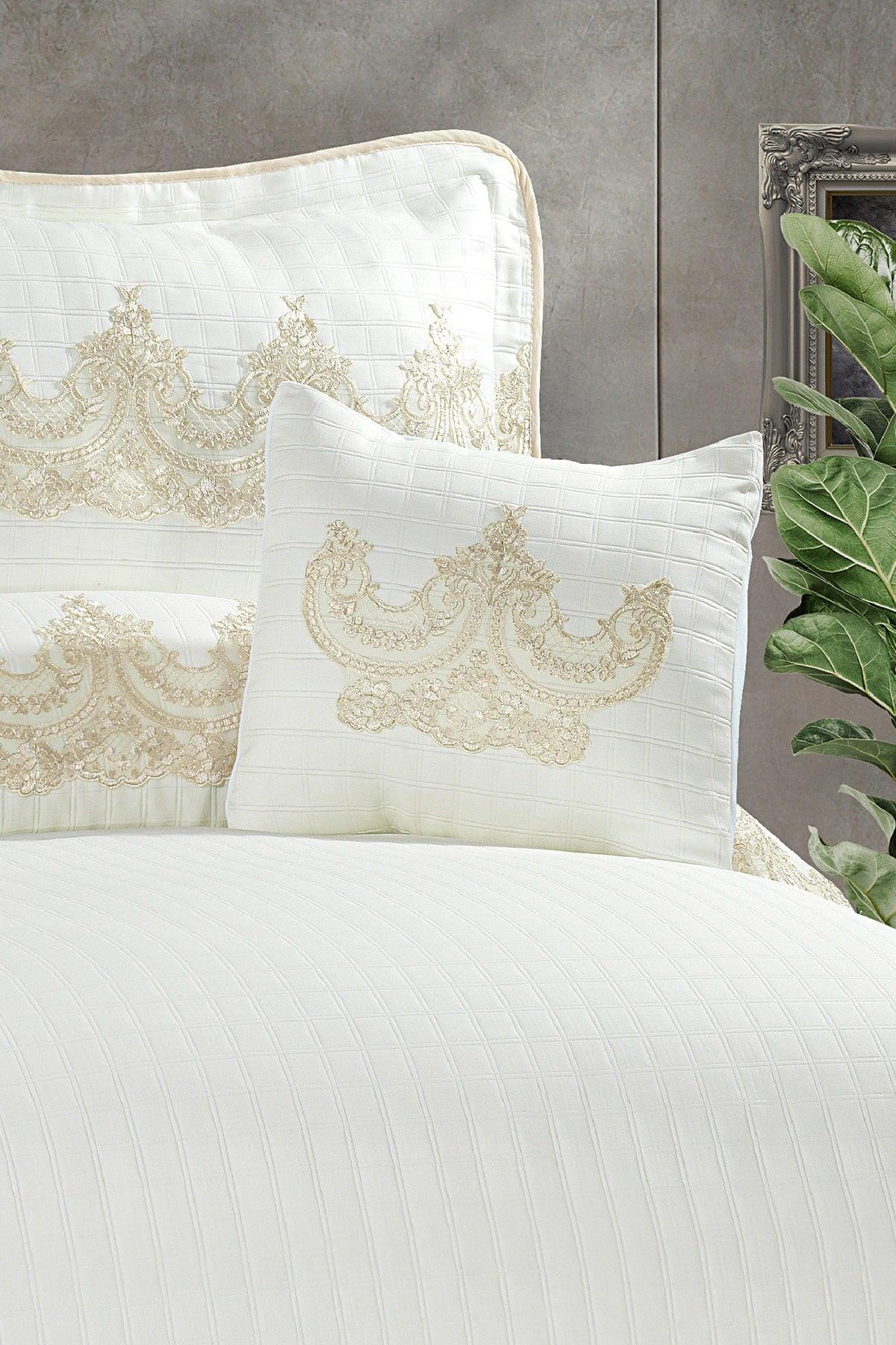 Romans French Lace Jacquard Bedspread Set Double (7 PIECES) Cream - Swordslife