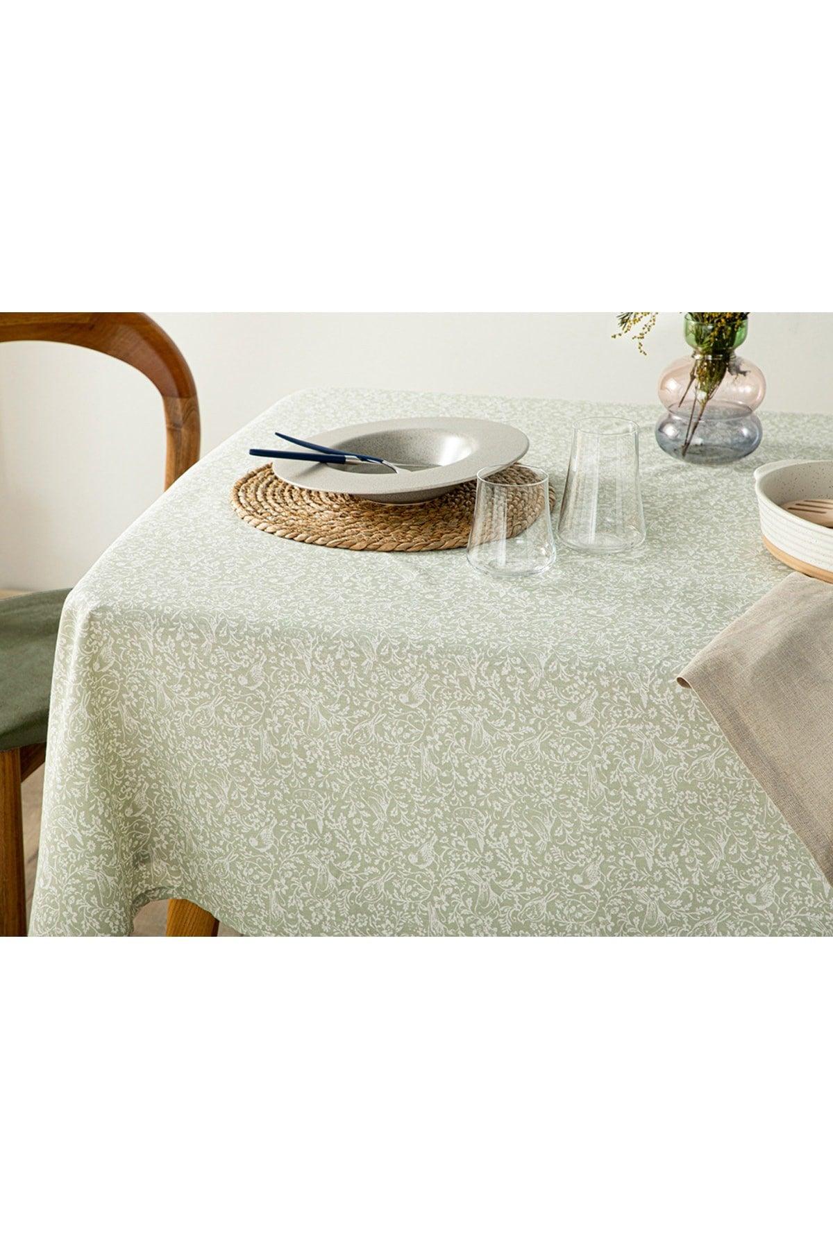 Rosa Green Birds Polycotton Tasseled Table Cloth 150x220 Cm Green - Swordslife