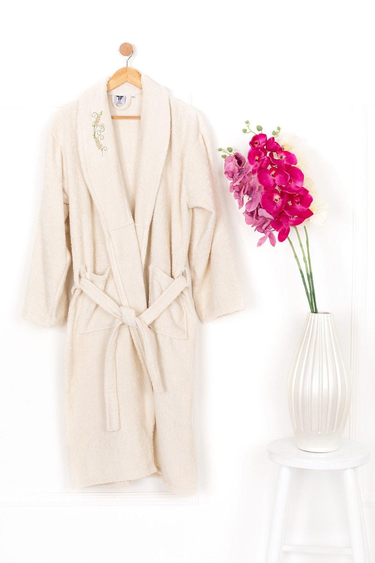 Salyaka Embroidered Bathrobe 100% Cotton Women's Cream