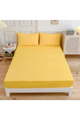 Yellow Colored Elastic Bed Sheet Set (Cotton Duvet Cover, Pillowcase) 7 Different Sizes - Swordslife