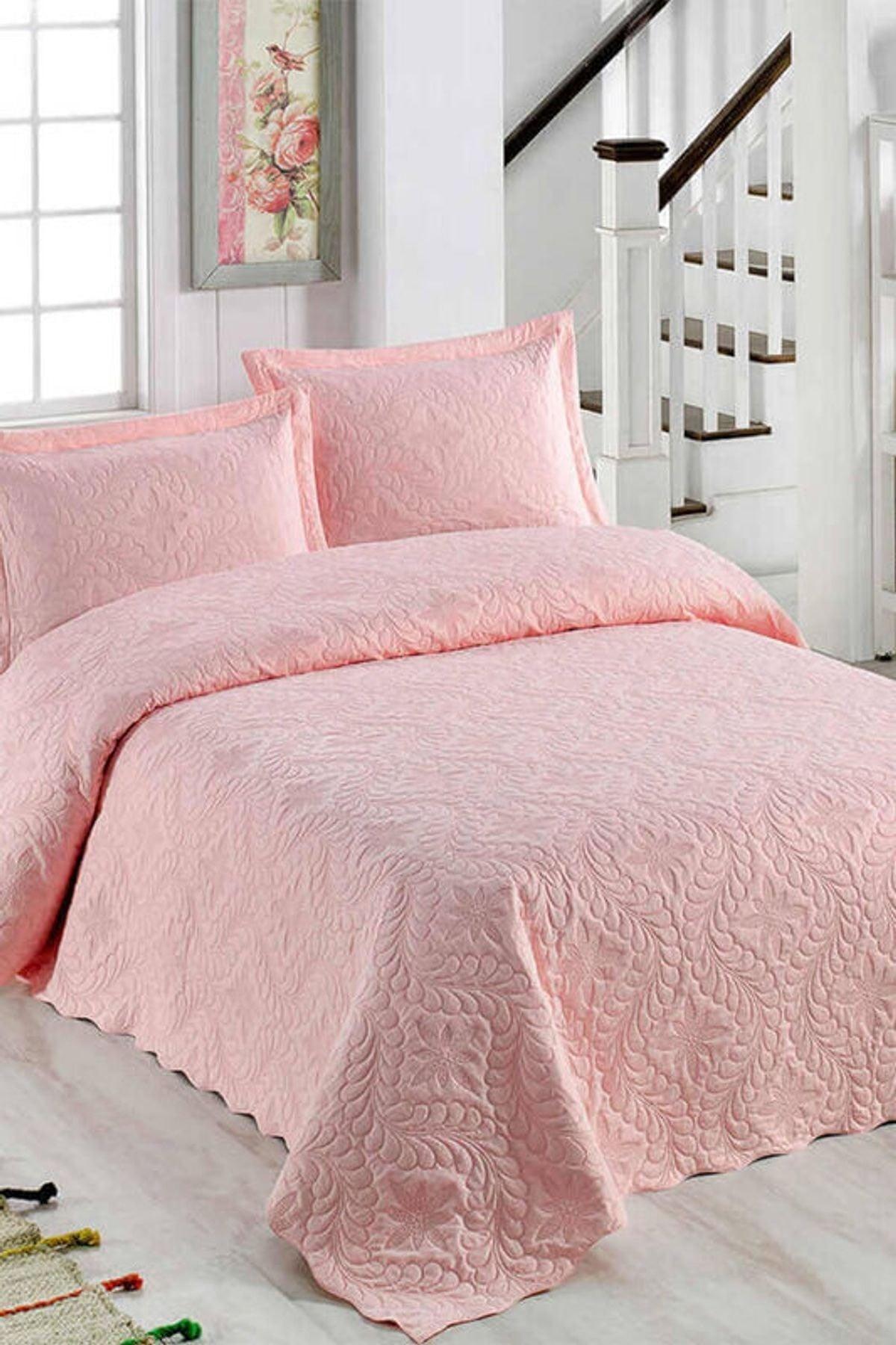 Sarmaşık Double Solid Color Bedspread Set - Powder - Swordslife