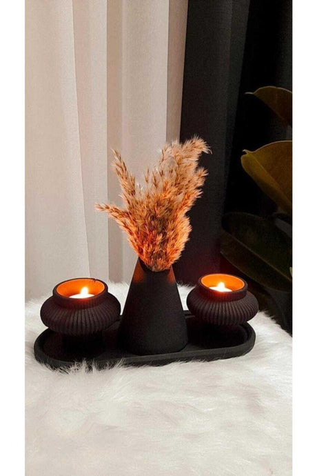 Black 2 Piece Candle Holder And Flower Vase Set