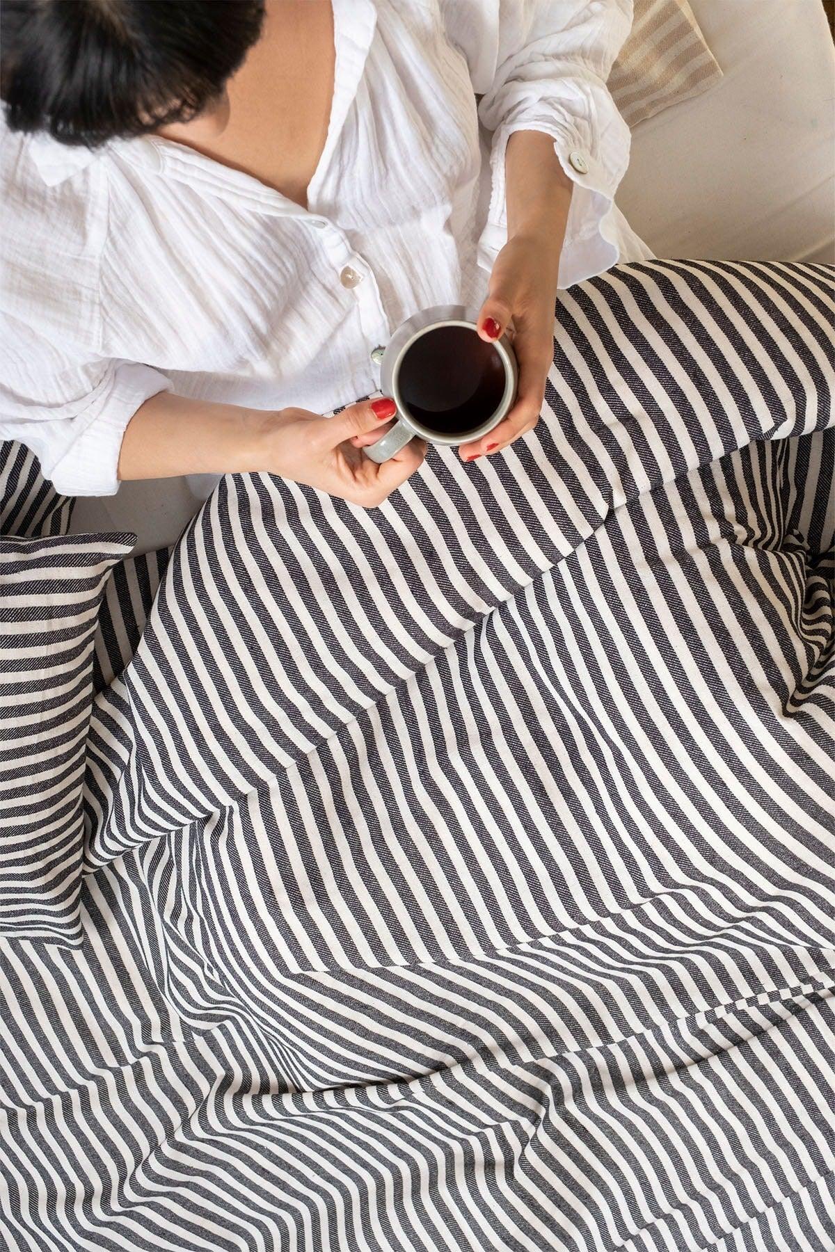 Black Striped Linen Double Duvet Cover