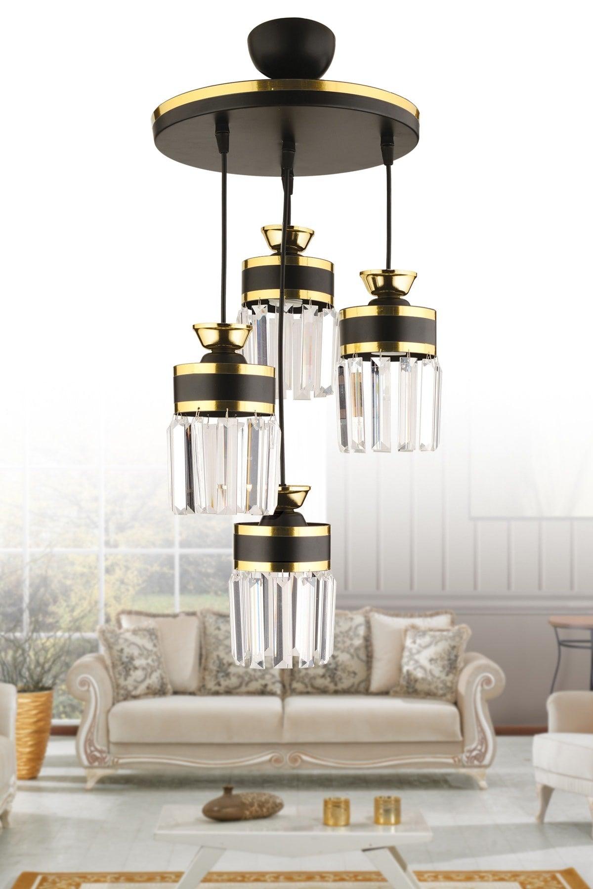 September 4 Pendant Lamp Crystal Stone Black Yellow Gilded Modern Luxury Chandelier - Swordslife