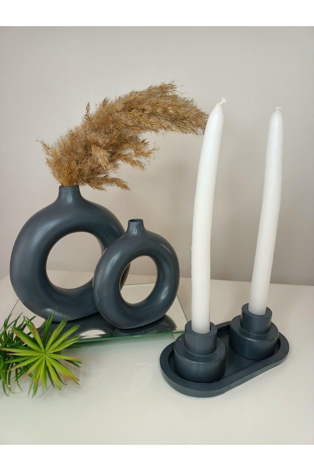 Set Gray Bohemian 2 Li Vase + 2 Piece Candle Holder 1 Piece Candle Holder Plate - Swordslife