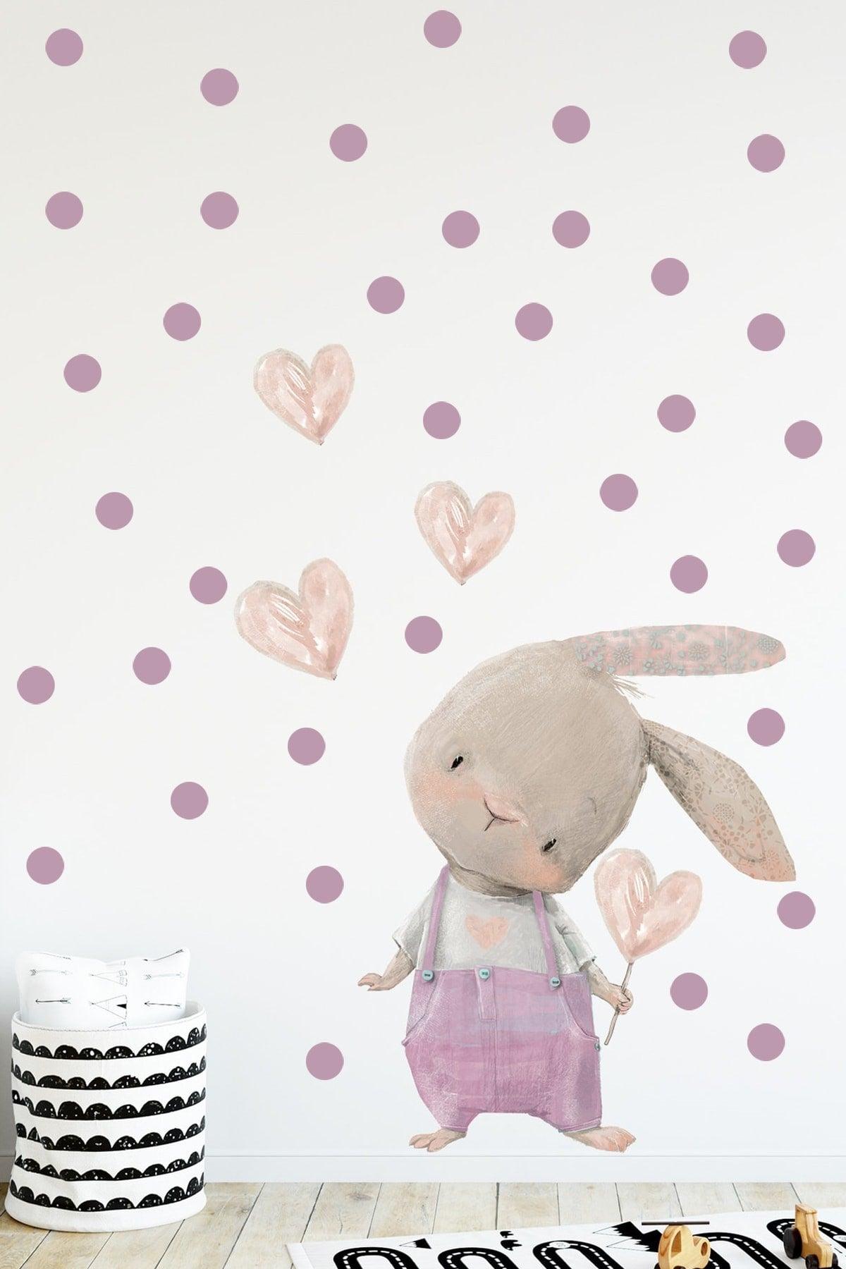 Cute Heart Bunny in Pink Jumpsuit Wall Sticker Set - Swordslife