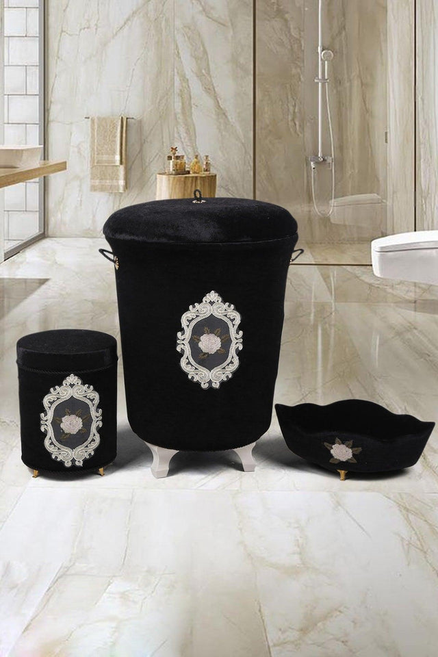 Shems Black Velvet Dowry Lacy Bathroom Dirty Laundry Basket Set of 3 - Swordslife