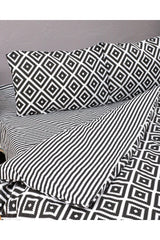 Black Striped Checkered Duvet Cover Set Cotton Ranforce Fabric, Reversible - Black - Swordslife