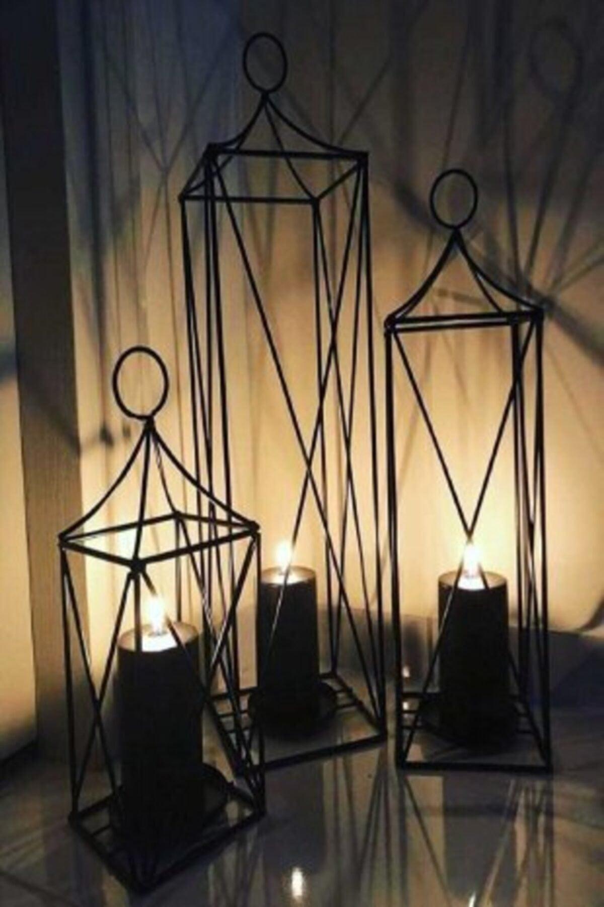 Black Decorative Set of 3 Wrought Iron Cage Lantern Candle Holder - Swordslife