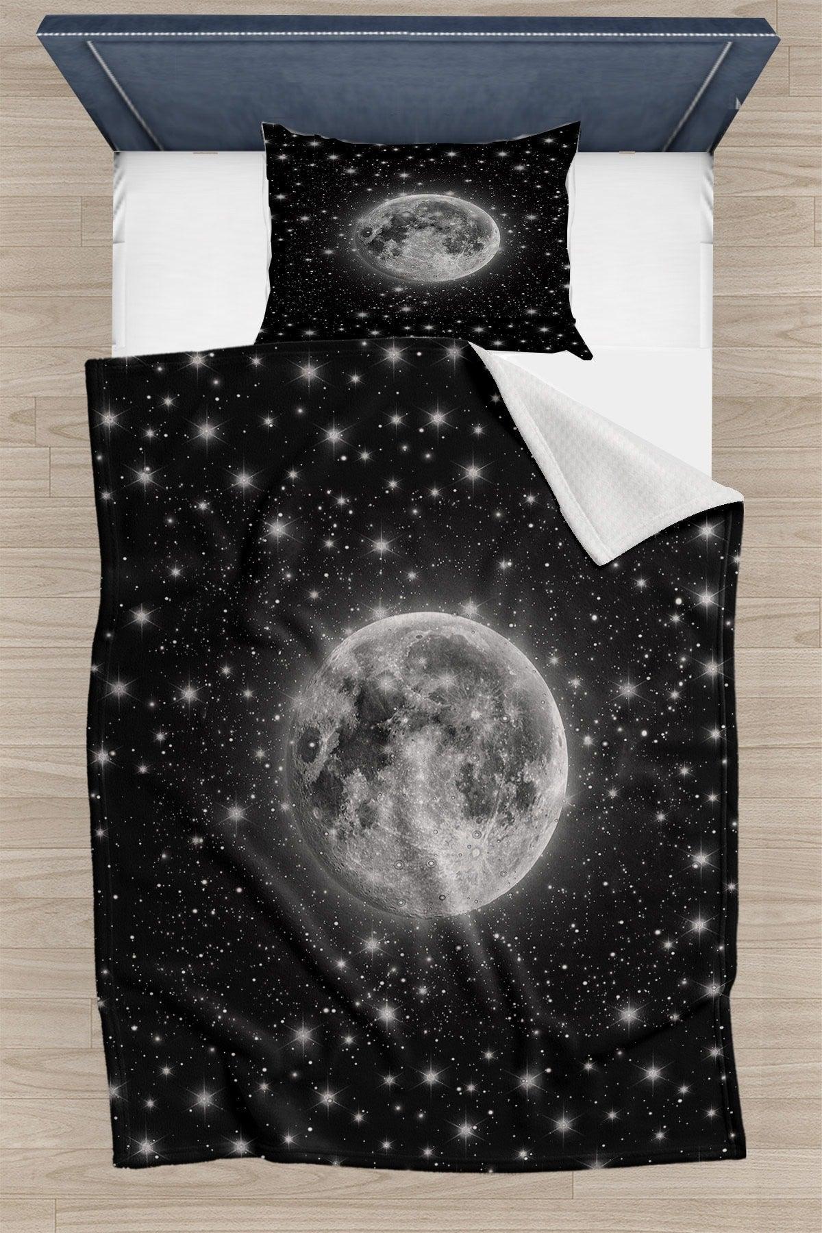 Black Gray Space Galaxy Stars Patterned Bedspread Pique Set Single - Swordslife