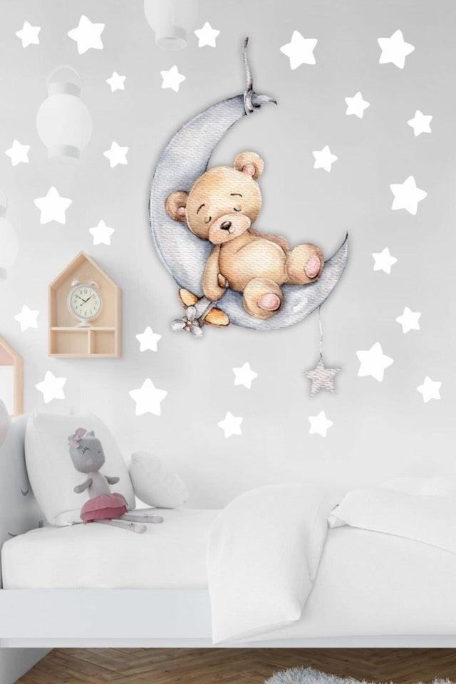 Cute Teddy Bear Sleeping On The Moon And White Stars Kids Baby Room Sticker Set - Swordslife