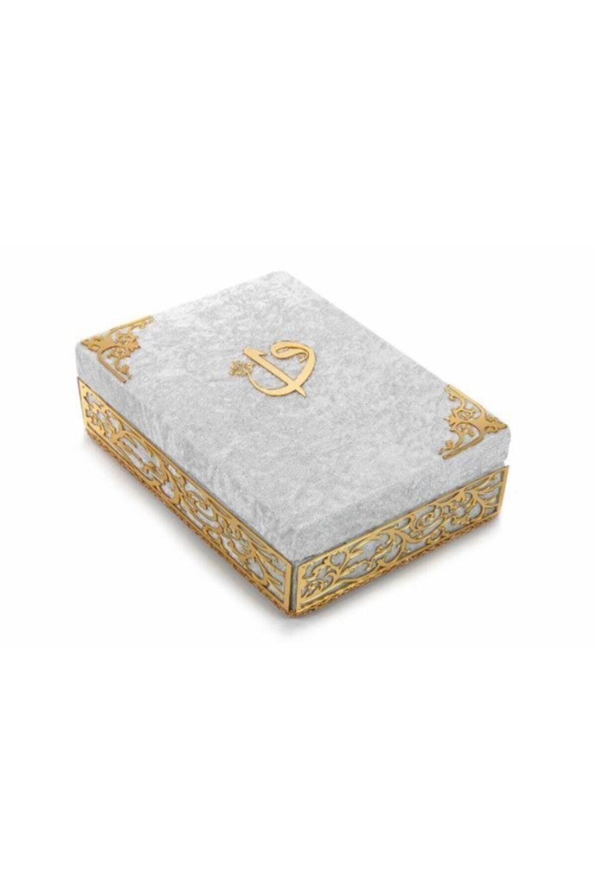 Special Plexi Decorated Gift Velvet Covered Boxed Holy Quran Ecru - Swordslife