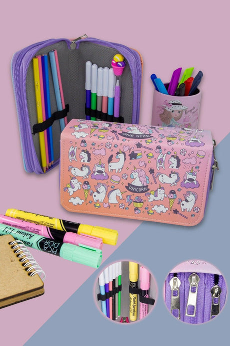 Pencil Case Unicorn Cute Three Compartment Vegan