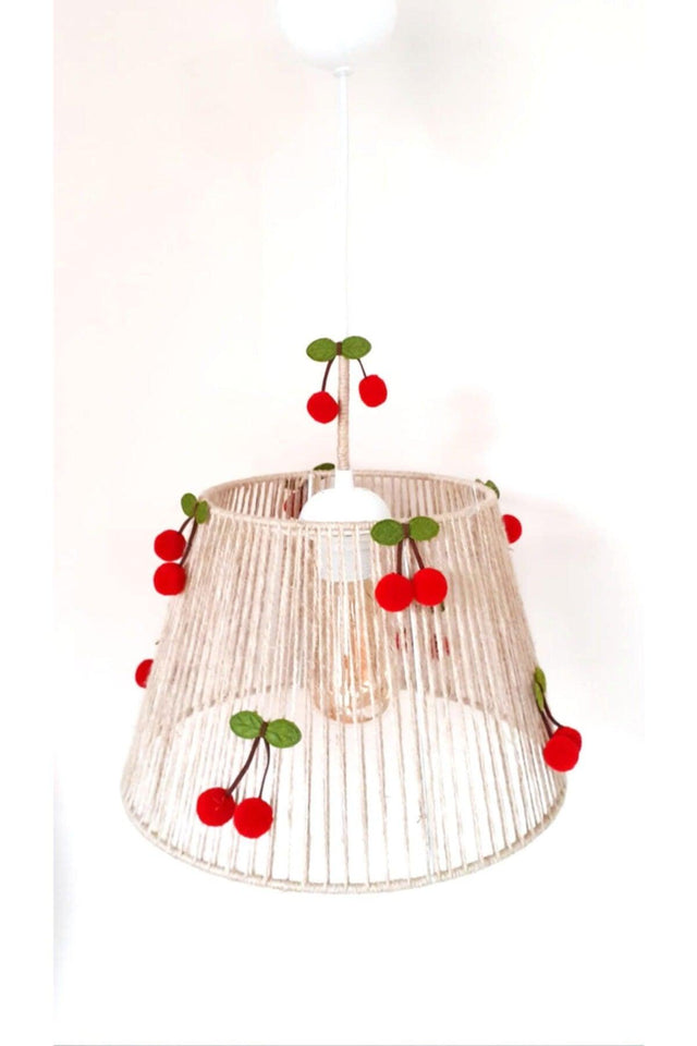 Straw Rope Wrapped Red Cherry Pompom Baby And Kids Room Pendant Chandelier - Swordslife