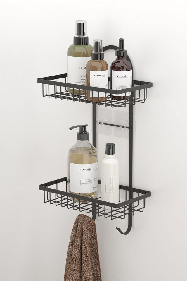 Teknotel Adhesive Two Tier Hooked Bathroom Shelf Matt Black St308 - Swordslife