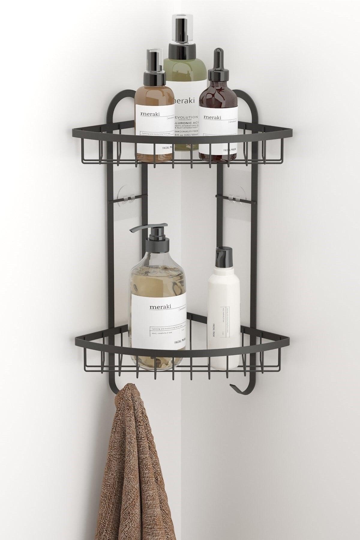 Teknotel Adhesive 2 Tier Hooked Bathroom Corner Shelf Matt Black St307 - Swordslife