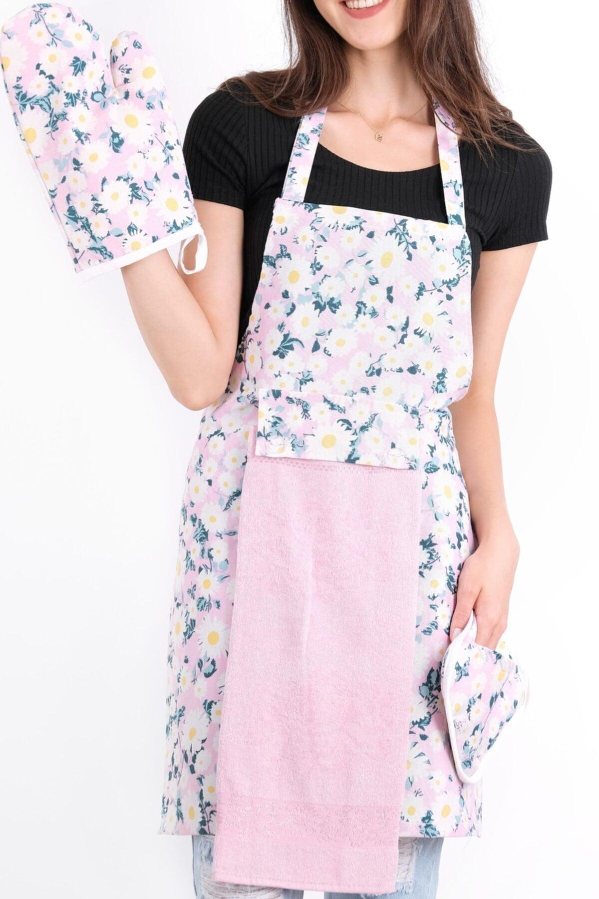 Tulipa Towel Kitchen Apron Models, Oven Glove And Holder Pink - Swordslife