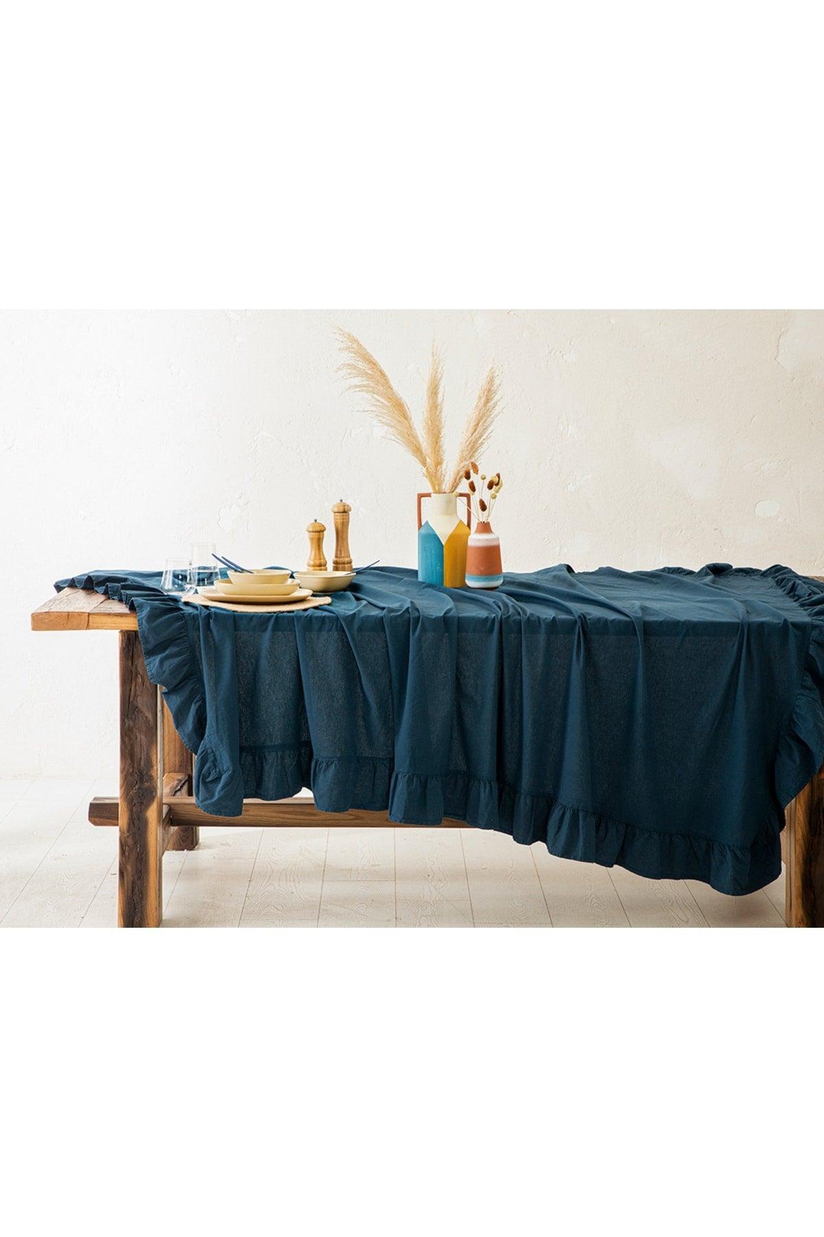 Vague Cotton Frilly Table Cloth 160x240 Cm Navy Blue - Swordslife