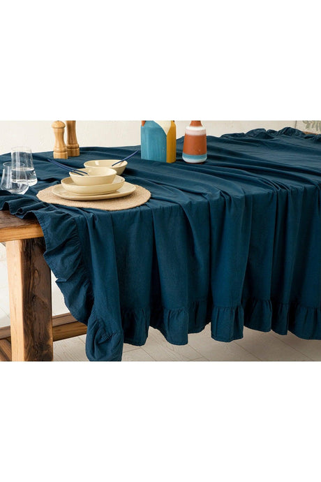 Vague Cotton Frilly Table Cloth 160x240 Cm Navy Blue - Swordslife