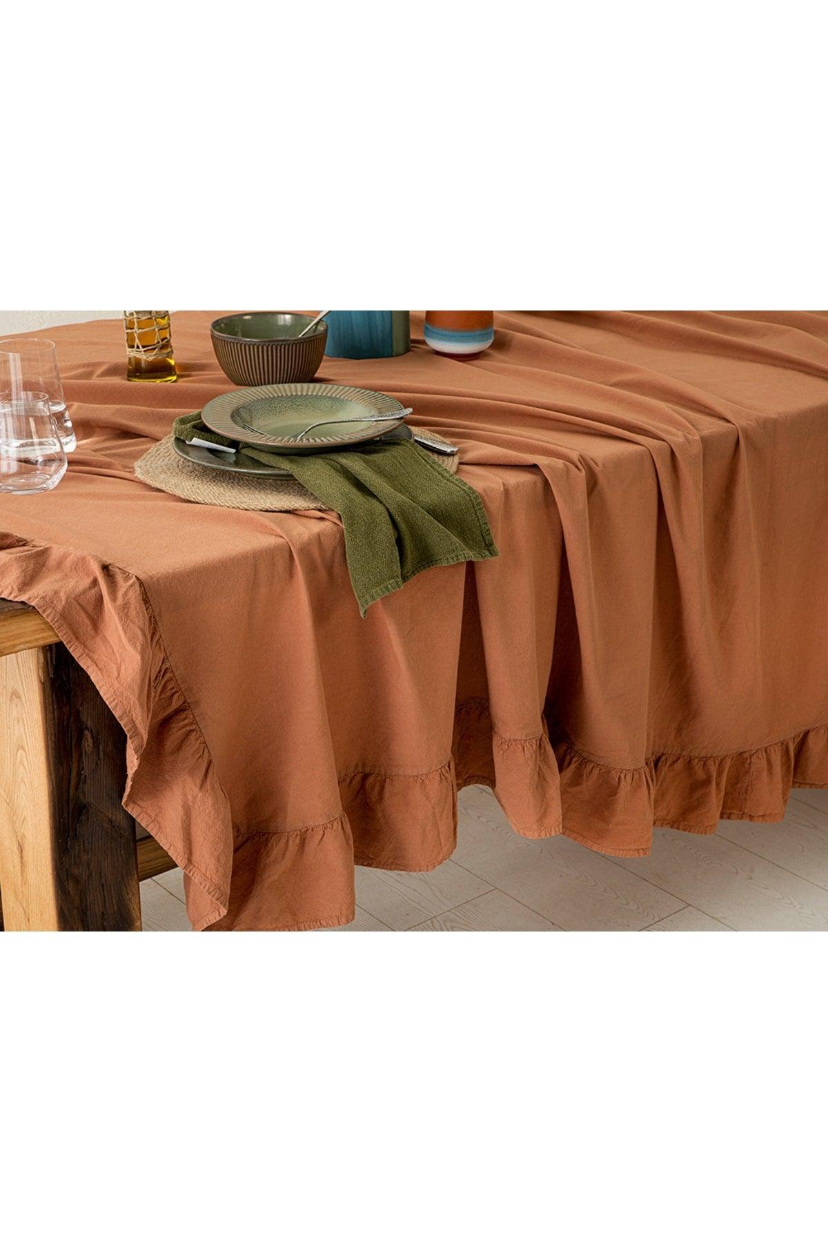 Vague Cotton Frilly Table Cloth 160x240 Cm Terracotta - Swordslife