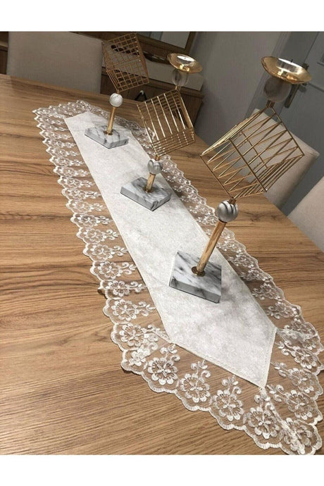 Velvet Lace Detailed Cream Runner (140x40cm) - Swordslife