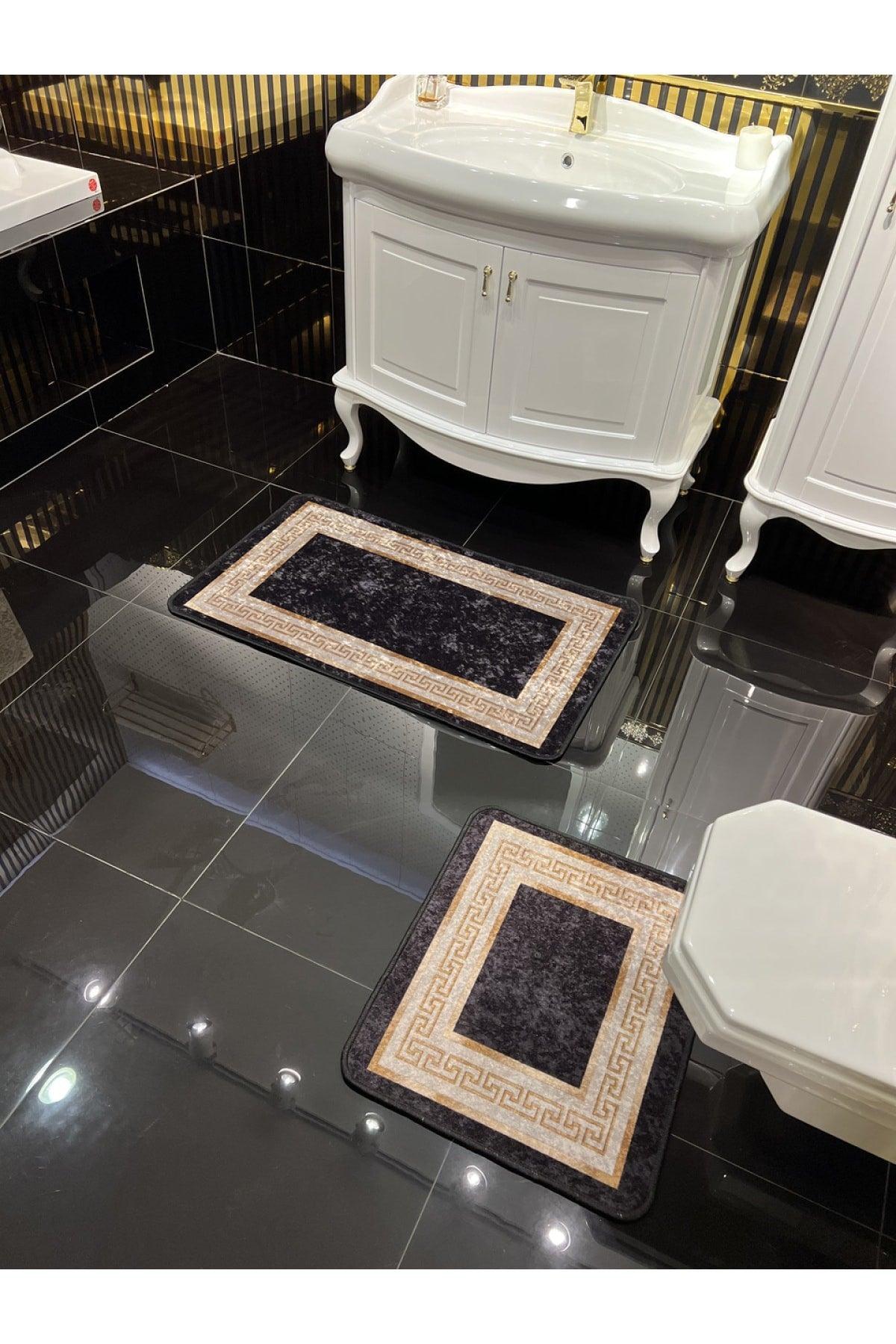 Versace Patterned 2-Piece Anti-Slip Floor Bath Mat Set (60x100 - 60x50) Black-gold - Swordslife