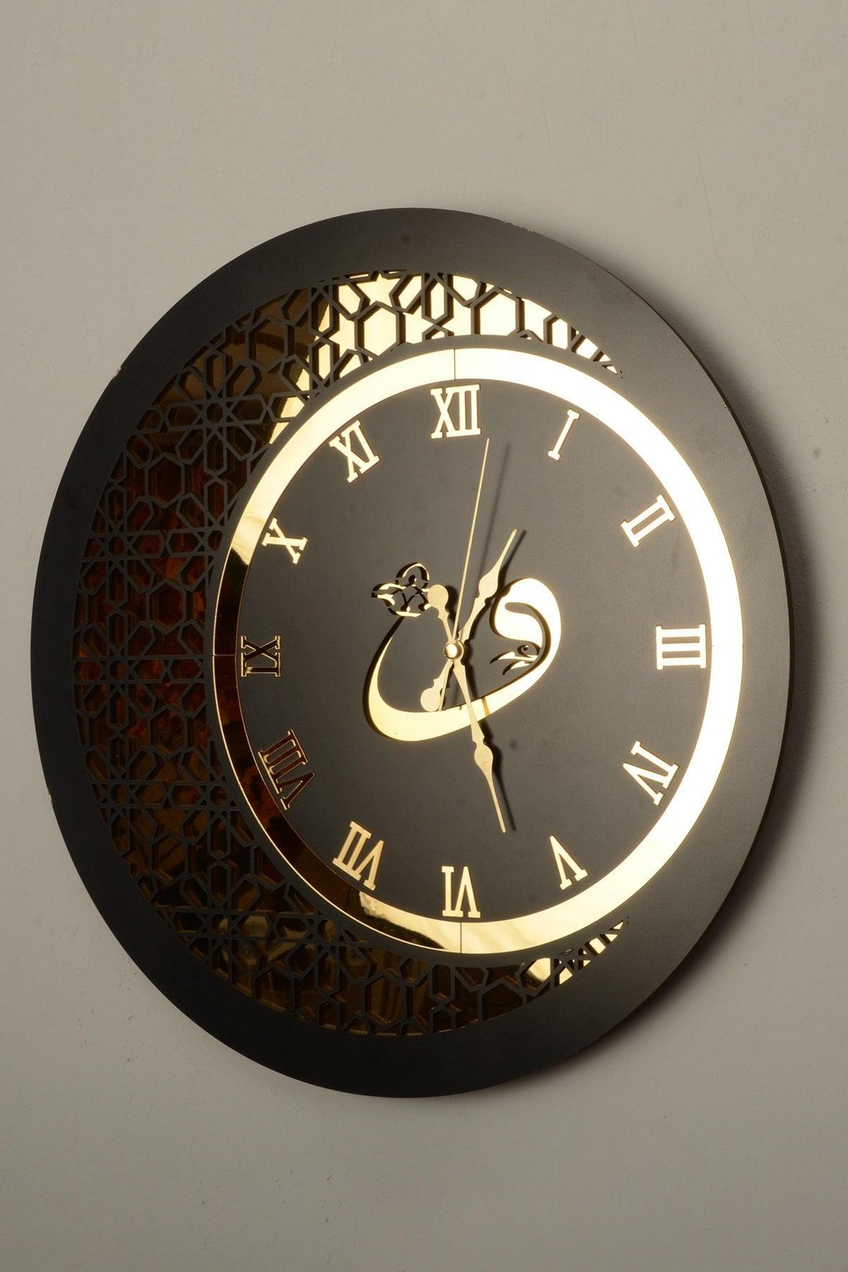 Wall Clock Wood And Mirror Vav Motif Black Gold - Swordslife