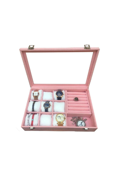 Watch + ring + Cufflink + glasses Multi-Purpose Jewelry Box Suede Pink Coating on Wooden Case - Swordslife