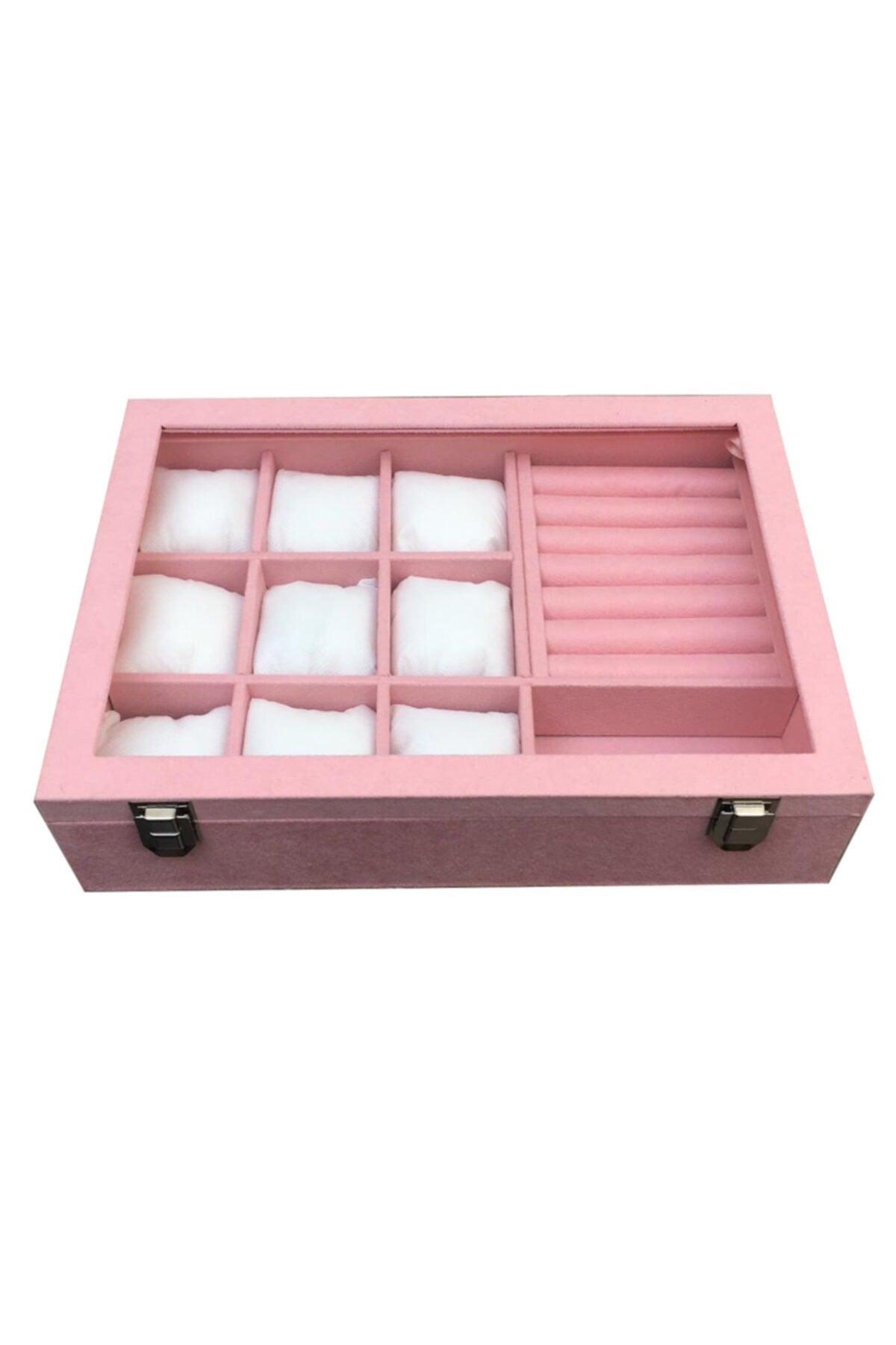 Watch + ring + Cufflink + glasses Multi-Purpose Jewelry Box Suede Pink Coating on Wooden Case - Swordslife